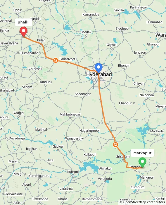 Route map showing distance and travel time from Markapur, India to Bhalki, India