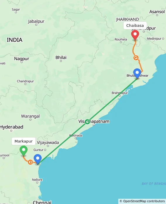 Route map showing distance and travel time from Markapur, India to Chaibasa, India