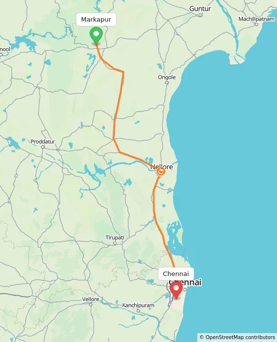 Route map showing distance and travel time from Markapur, India to Chennai, India