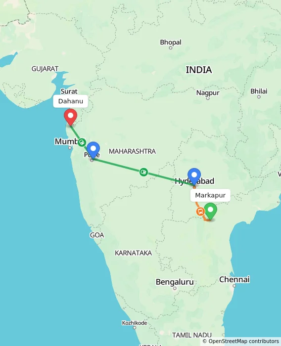 Route map showing distance and travel time from Markapur, India to Dahanu, India