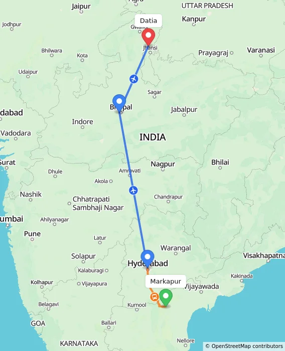 Route map showing distance and travel time from Markapur, India to Datia, India