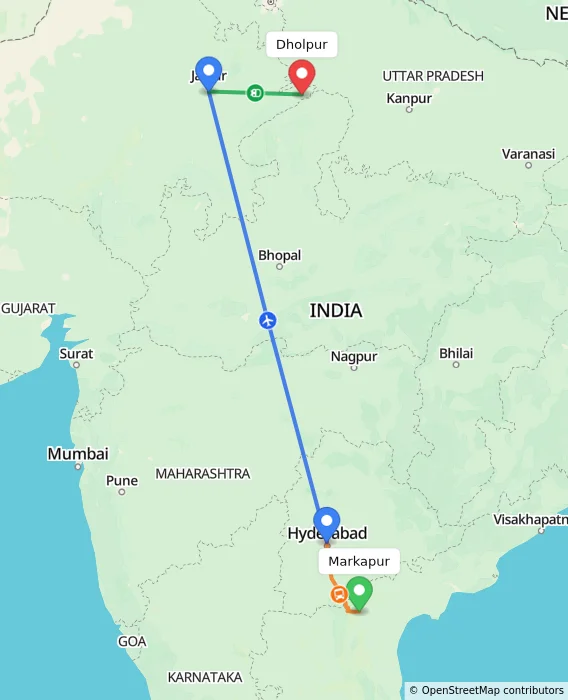Route map showing distance and travel time from Markapur, India to Dholpur, India