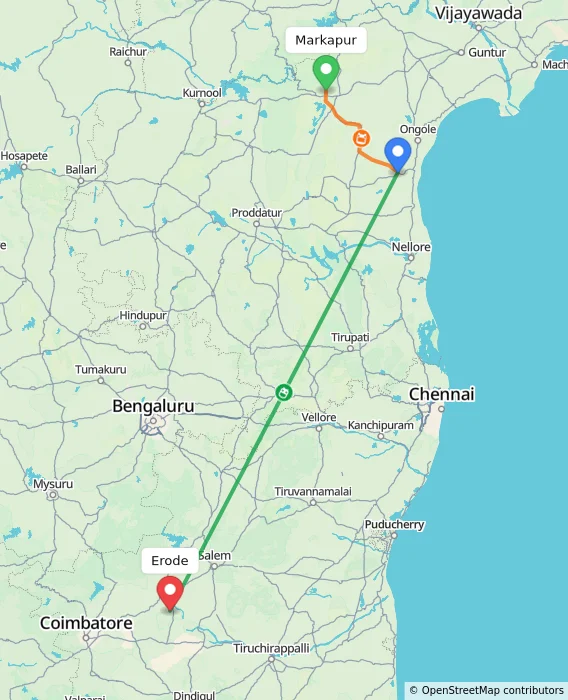 Route map showing distance and travel time from Markapur, India to Erode, India