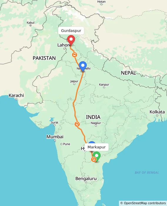 Route map showing distance and travel time from Markapur, India to Gurdaspur, India