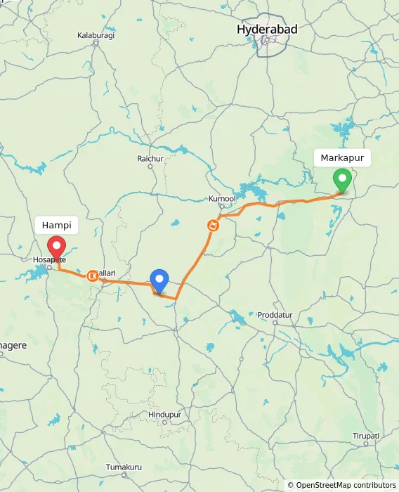Route map showing distance and travel time from Markapur, India to Hampi, India