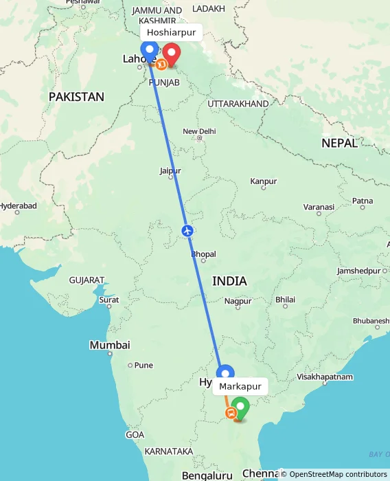 Route map showing distance and travel time from Markapur, India to Hoshiarpur, India