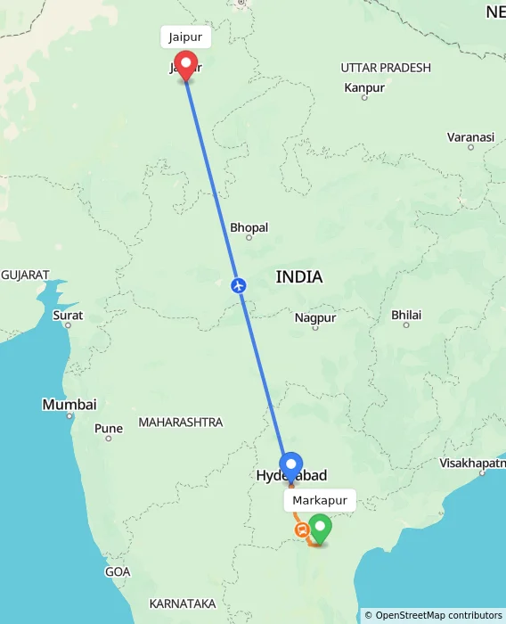 Route map showing distance and travel time from Markapur, India to Jaipur, India