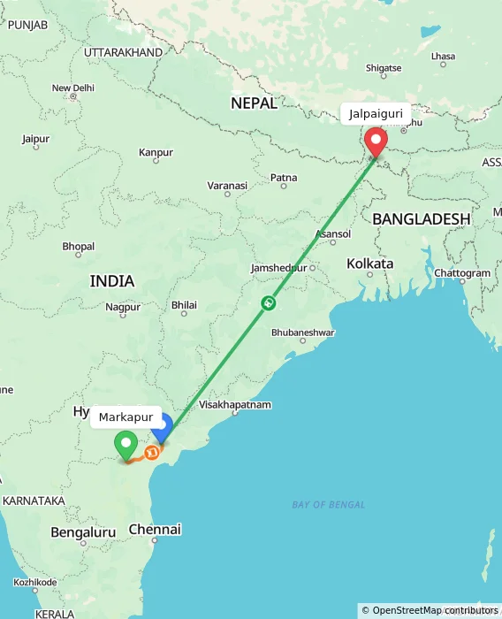Route map showing distance and travel time from Markapur, India to Jalpaiguri, India