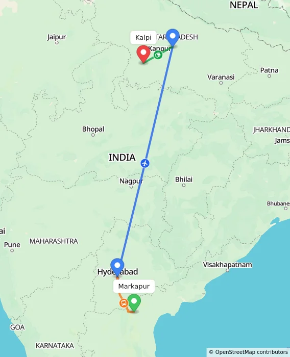 Route map showing distance and travel time from Markapur, India to Kalpi, India