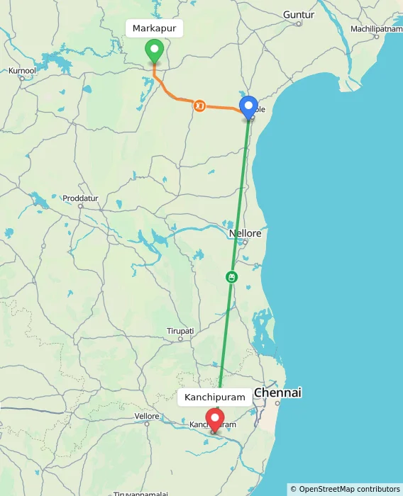 Route map showing distance and travel time from Markapur, India to Kanchipuram, India