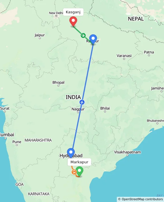 Route map showing distance and travel time from Markapur, India to Kasganj, India