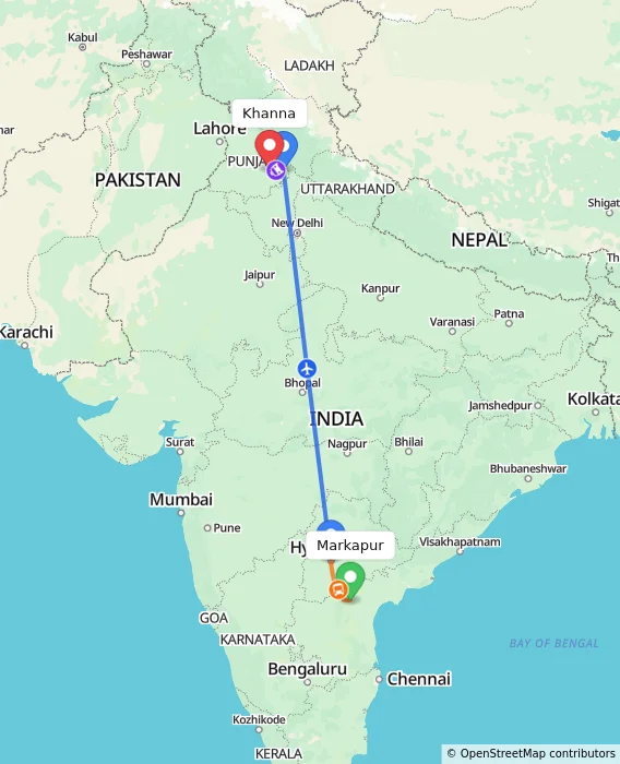 Route map showing distance and travel time from Markapur, India to Khanna, India