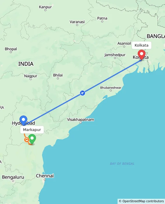 Route map showing distance and travel time from Markapur, India to Kolkata, India