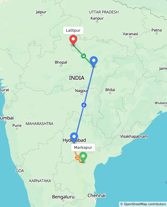 Route map showing distance and travel time from Markapur, India to Lalitpur, India