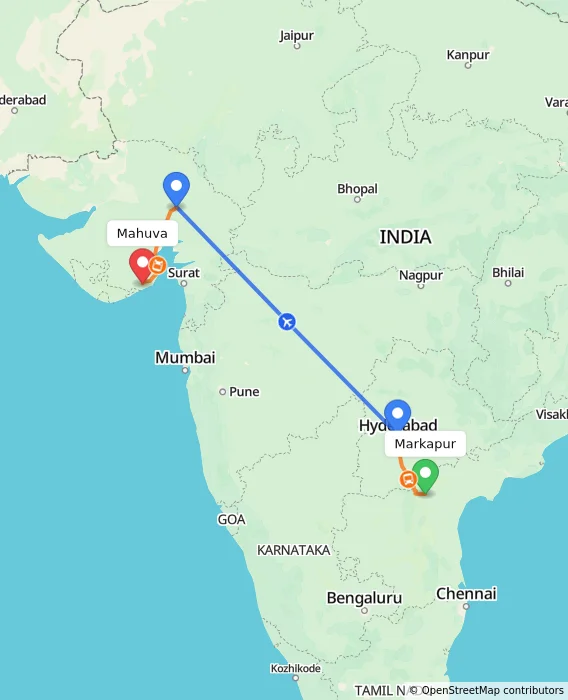 Route map showing distance and travel time from Markapur, India to Mahuva, India