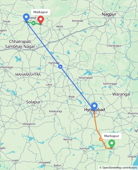 Route map showing distance and travel time from Markapur, India to Malkapur, India