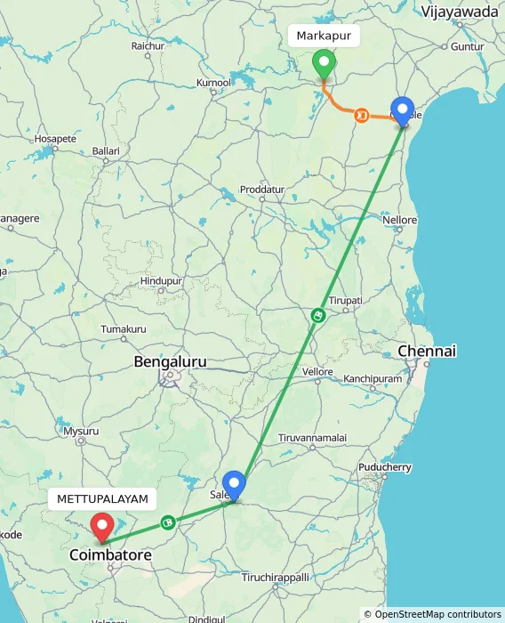 Route map showing distance and travel time from Markapur, India to METTUPALAYAM, India
