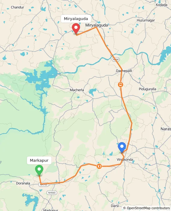 Route map showing distance and travel time from Markapur, India to Miryalaguda, India