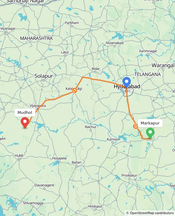 Route map showing distance and travel time from Markapur, India to Mudhol, India