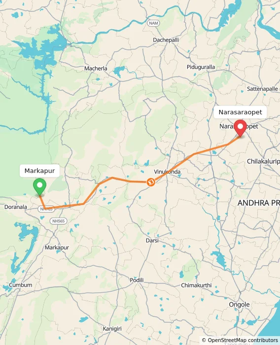 Route map showing distance and travel time from Markapur, India to Narasaraopet, India