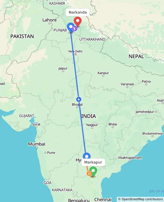 Route map showing distance and travel time from Markapur, India to Narkanda, India