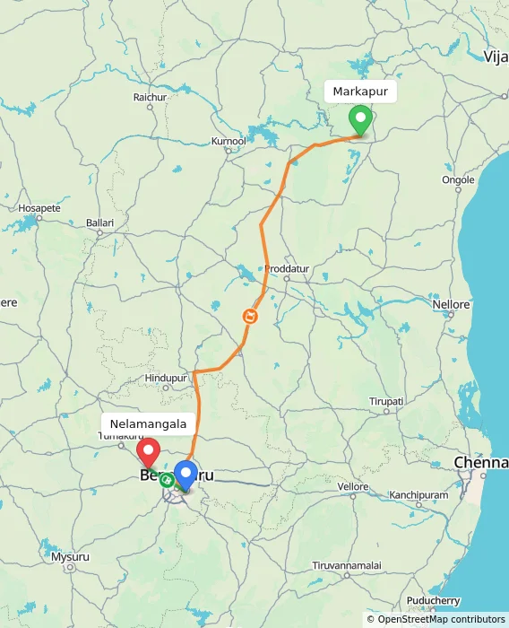 Route map showing distance and travel time from Markapur, India to Nelamangala, India
