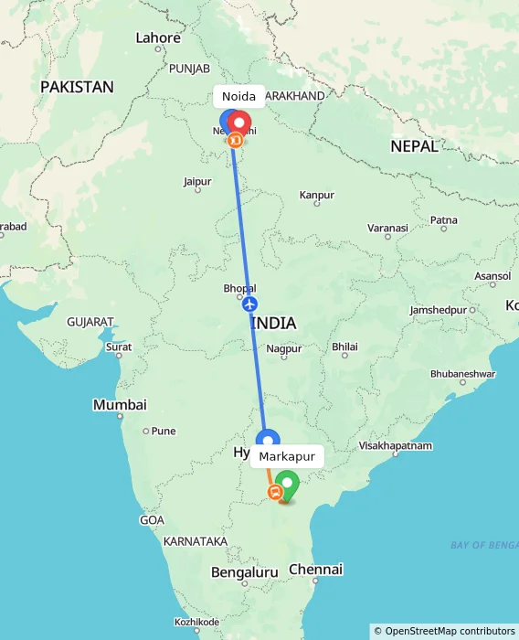 Route map showing distance and travel time from Markapur, India to Noida, India