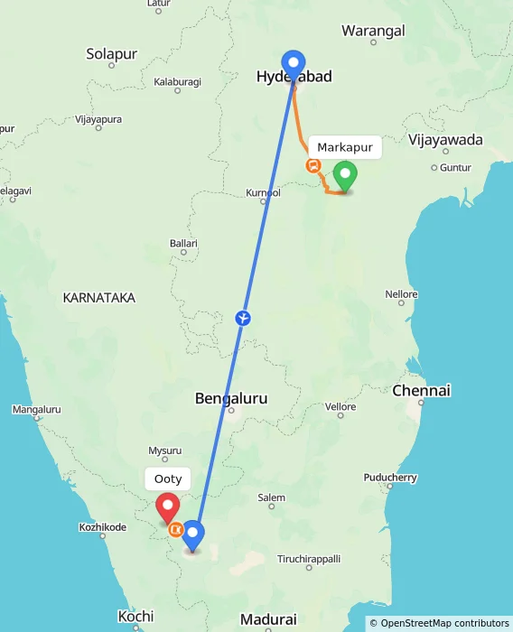 Route map showing distance and travel time from Markapur, India to Ooty, India