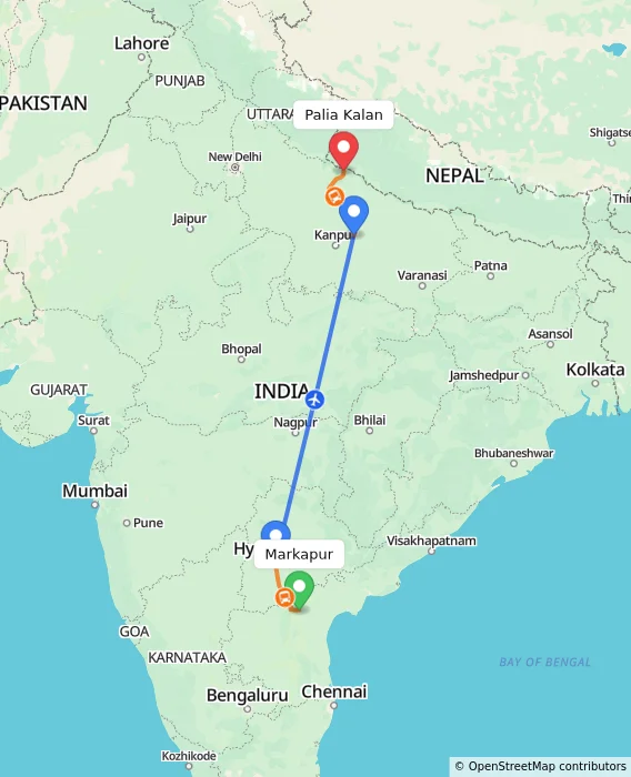 Route map showing distance and travel time from Markapur, India to Palia Kalan, India