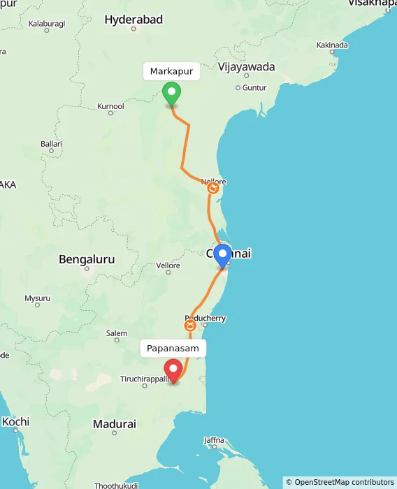 Route map showing distance and travel time from Markapur, India to Papanasam, India