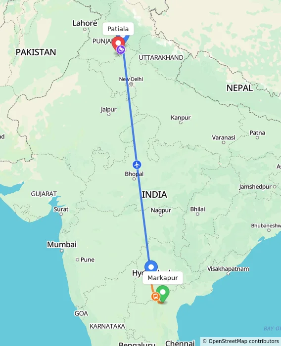 Route map showing distance and travel time from Markapur, India to Patiala, India