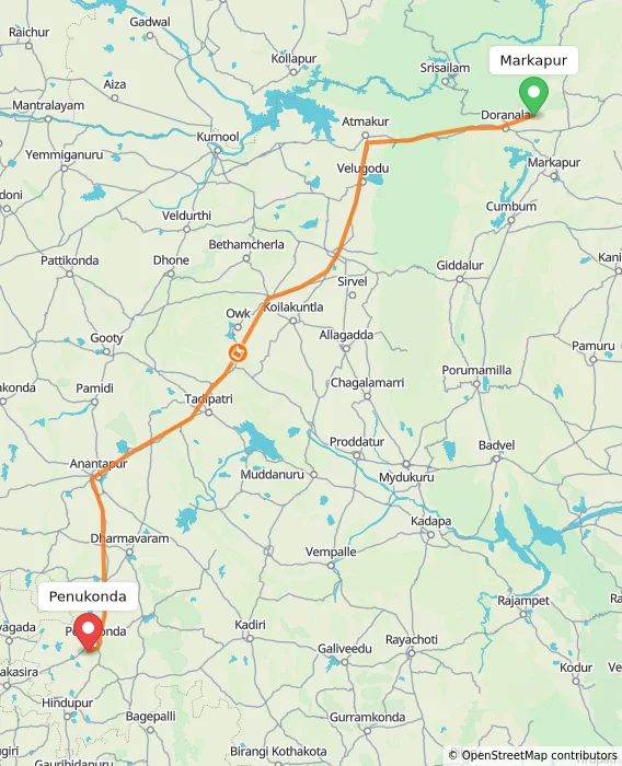 Route map showing distance and travel time from Markapur, India to Penukonda, India