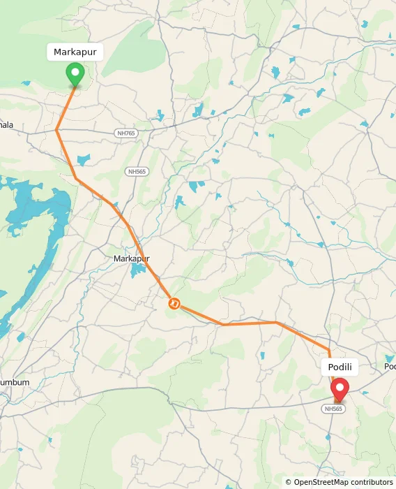 Route map showing distance and travel time from Markapur, India to Podili, India