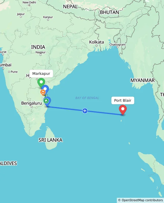 Route map showing distance and travel time from Markapur, India to Port Blair, India