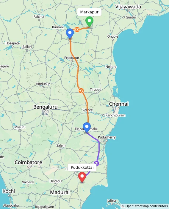 Route map showing distance and travel time from Markapur, India to Pudukkottai, India