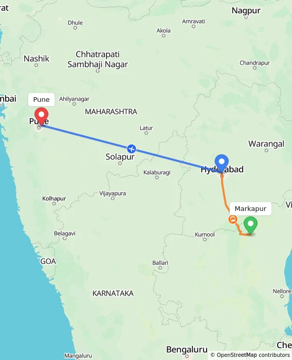 Route map showing distance and travel time from Markapur, India to Pune, India