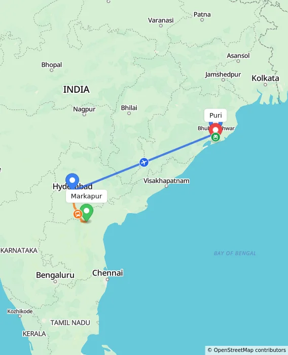 Route map showing distance and travel time from Markapur, India to Puri, India