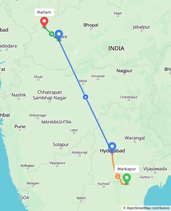 Route map showing distance and travel time from Markapur, India to Ratlam, India