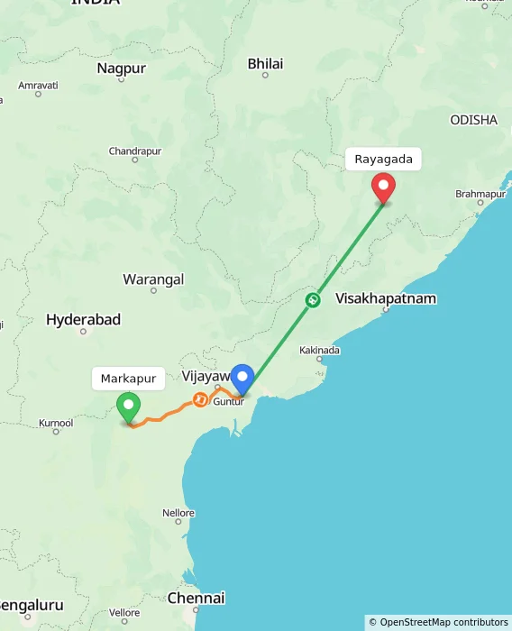 Route map showing distance and travel time from Markapur, India to Rayagada, India