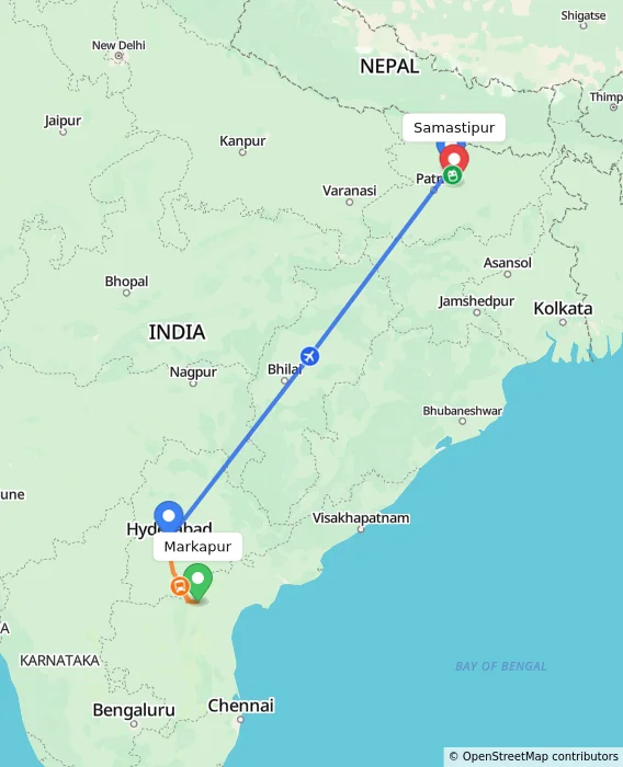 Route map showing distance and travel time from Markapur, India to Samastipur, India