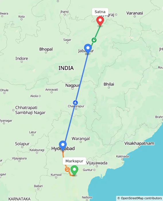 Route map showing distance and travel time from Markapur, India to Satna, India