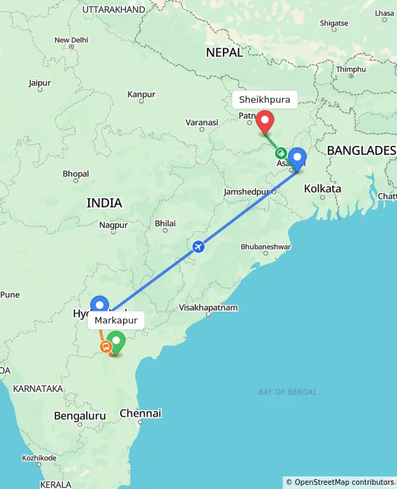 Route map showing distance and travel time from Markapur, India to Sheikhpura, India