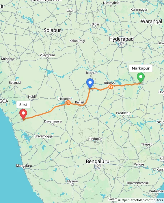 Route map showing distance and travel time from Markapur, India to Sirsi, India