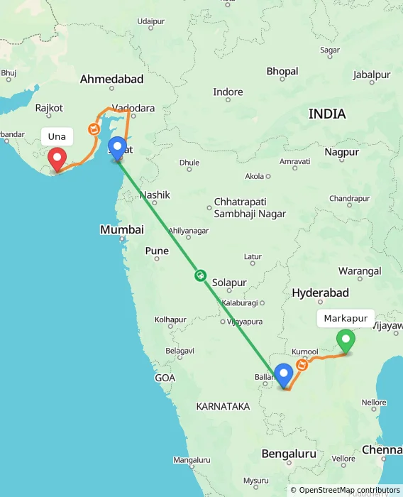 Route map showing distance and travel time from Markapur, India to Una, India