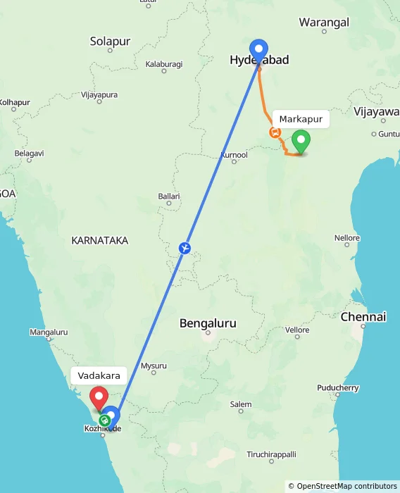 Route map showing distance and travel time from Markapur, India to Vadakara, India