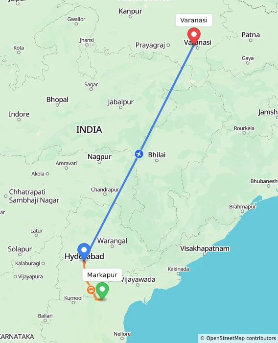 Route map showing distance and travel time from Markapur, India to Varanasi, India