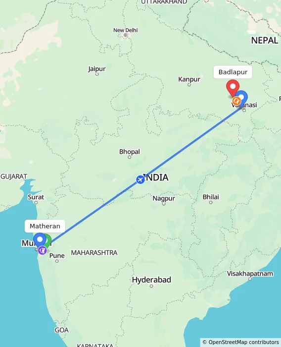 Route map showing distance and travel time from Matheran, India to Badlapur, India