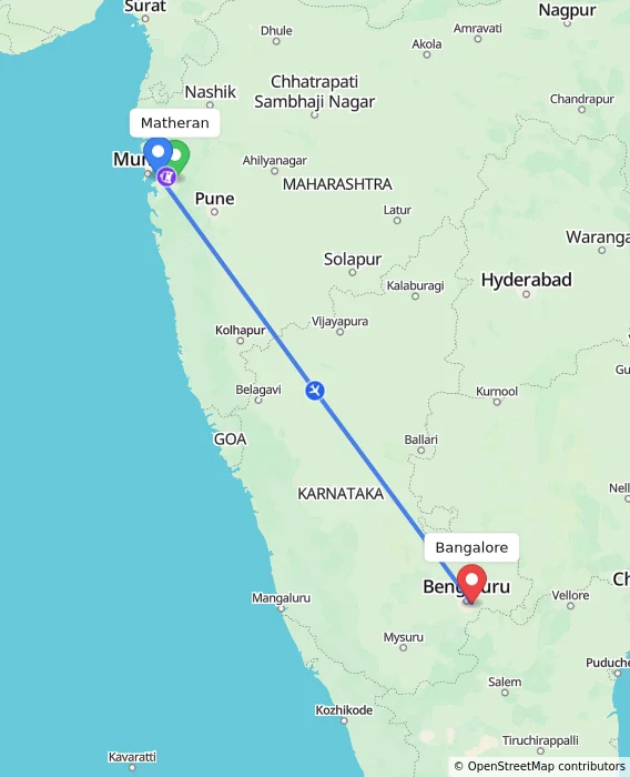 Route map showing distance and travel time from Matheran, India to Bangalore, India