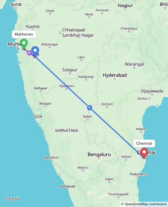 Route map showing distance and travel time from Matheran, India to Chennai, India