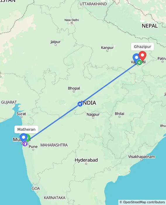 Route map showing distance and travel time from Matheran, India to Ghazipur, India